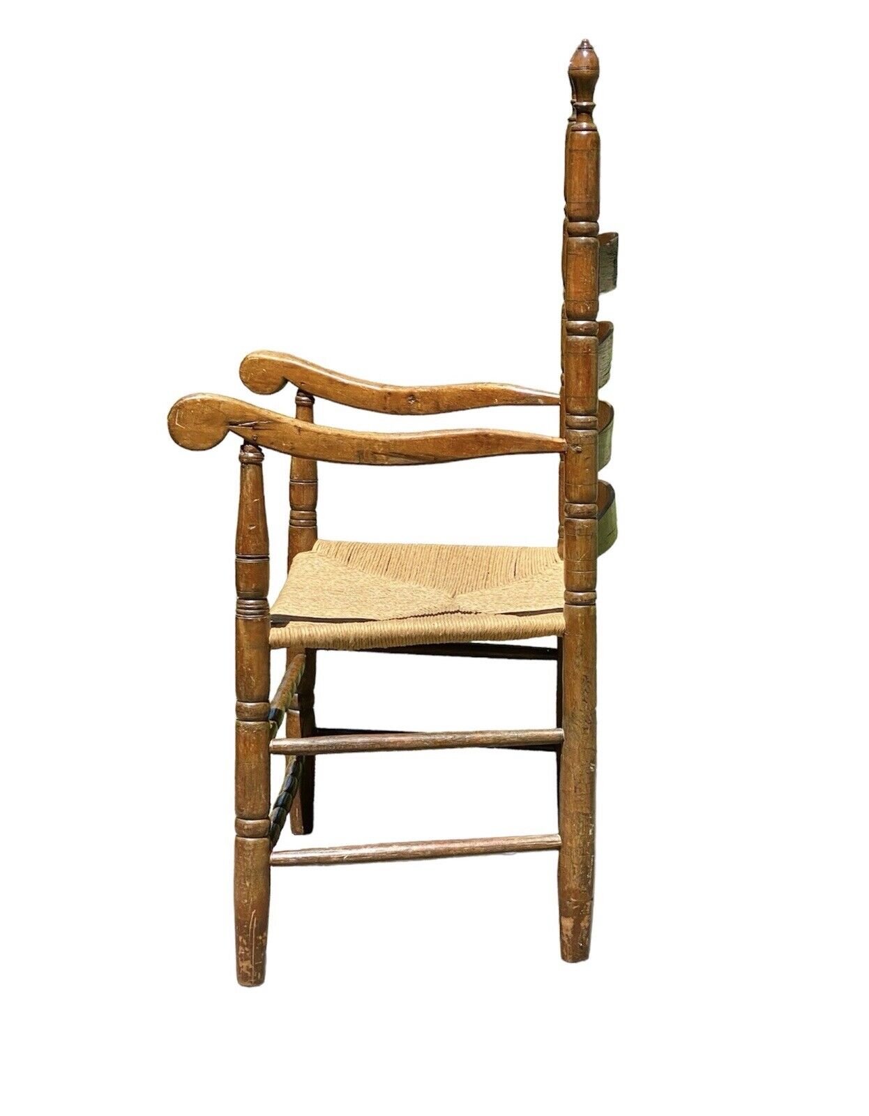 Early Queen Anne Period Walnut & Oak Ladderback Great Chair With Ram's Head Arms