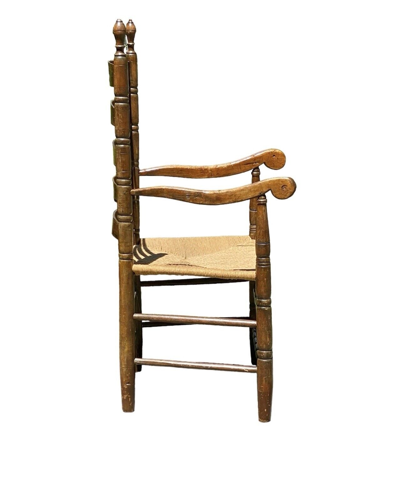 Early Queen Anne Period Walnut & Oak Ladderback Great Chair With Ram's Head Arms
