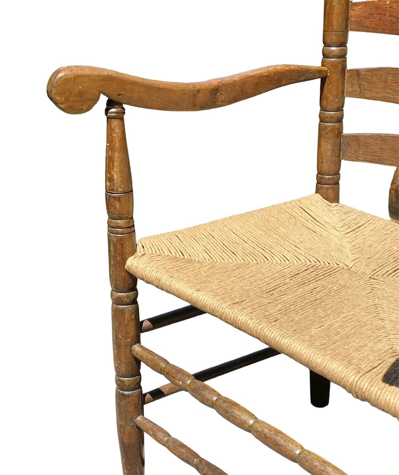 Early Queen Anne Period Walnut & Oak Ladderback Great Chair With Ram's Head Arms