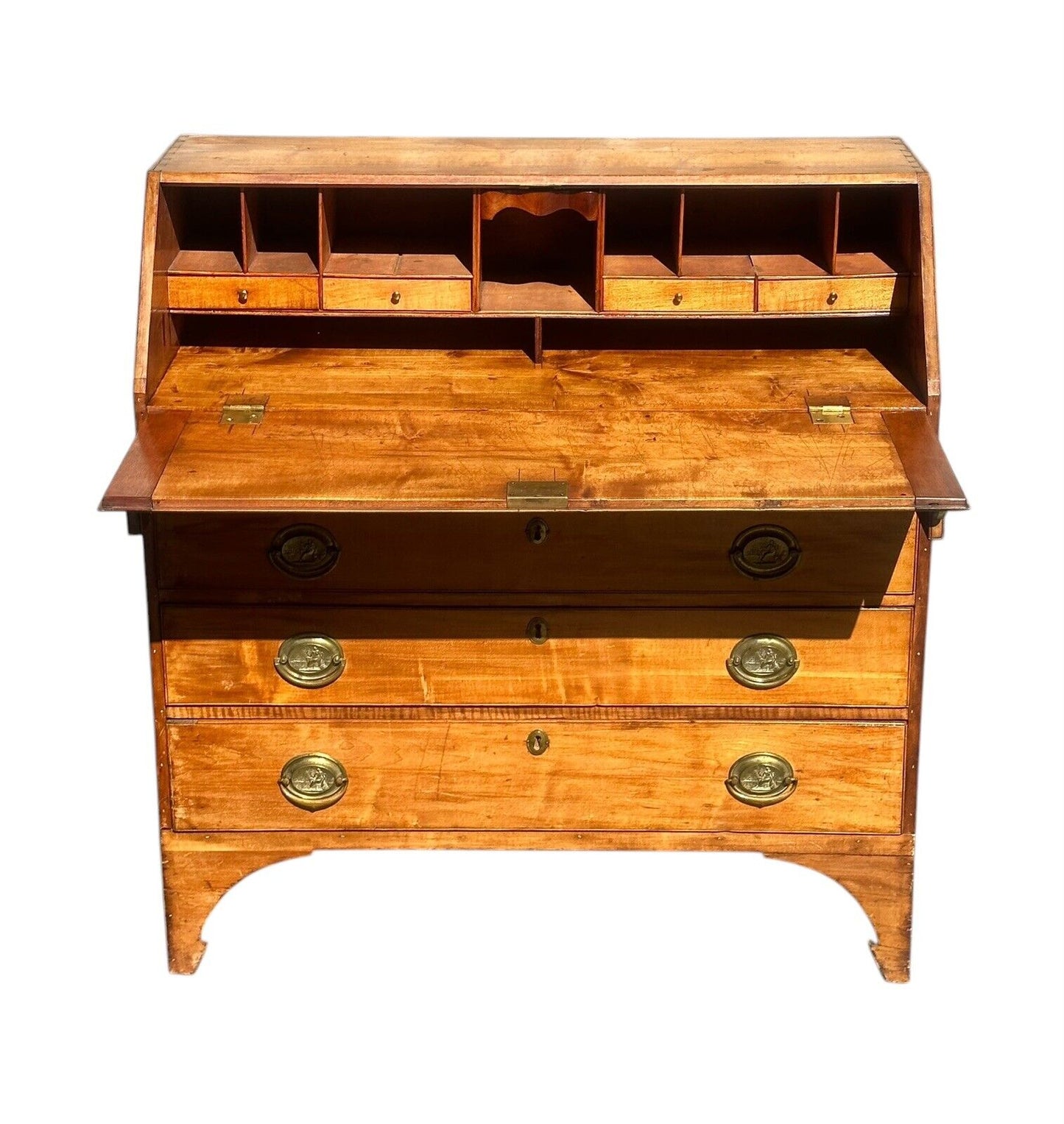 Antique New Hampshire Hepplewhite Fruitwood Slant Lid Desk With Classical Brass