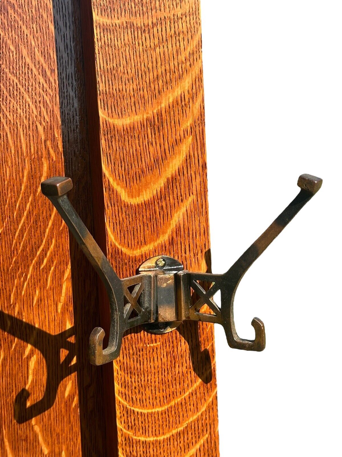 Antique Arts & Crafts Tiger Oak Hall Tree With Beveled Mirror & Japanned Hooks