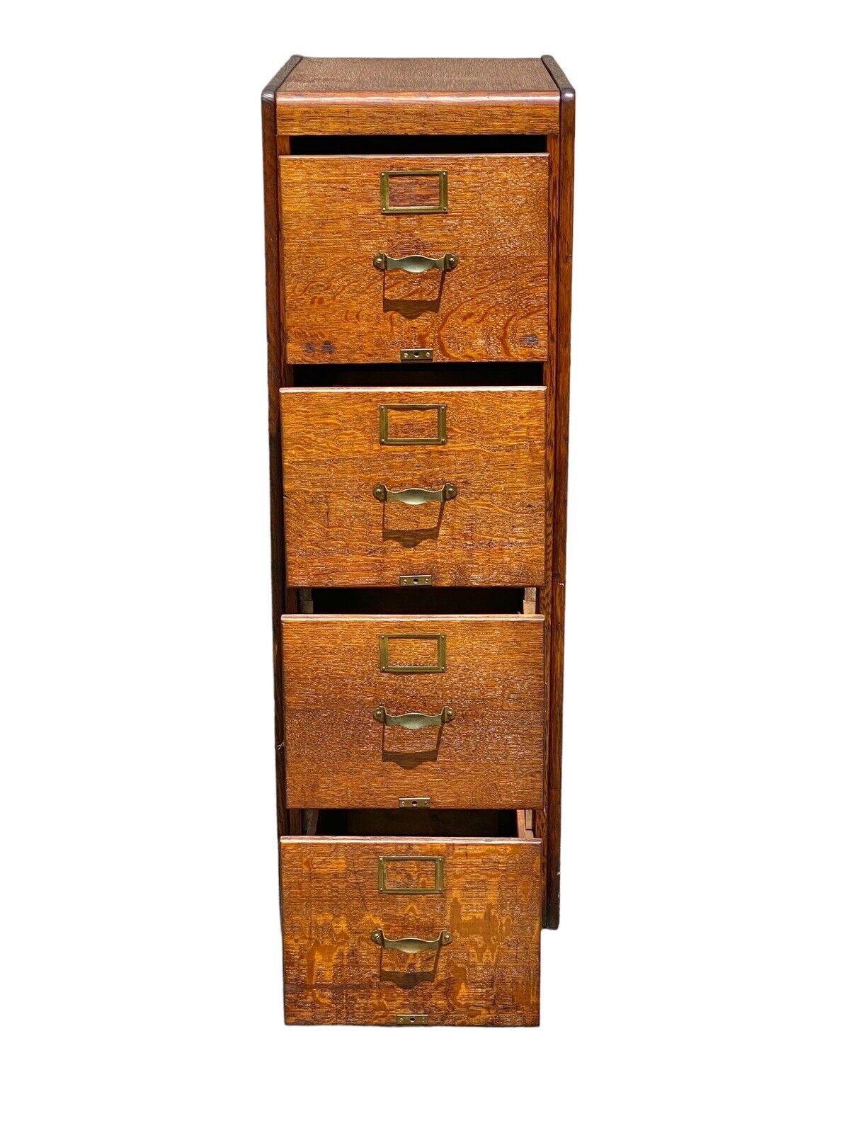 Antique Tiger Oak 4 Drawer Wood File Cabinet