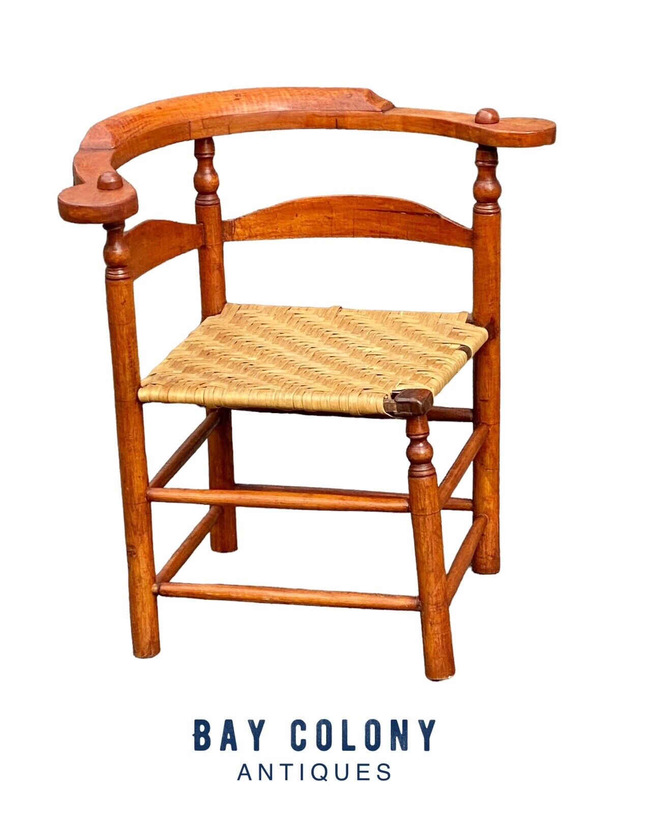 Antique Tiger Maple Corner Chair / Roundabout Chair w Splint Seat