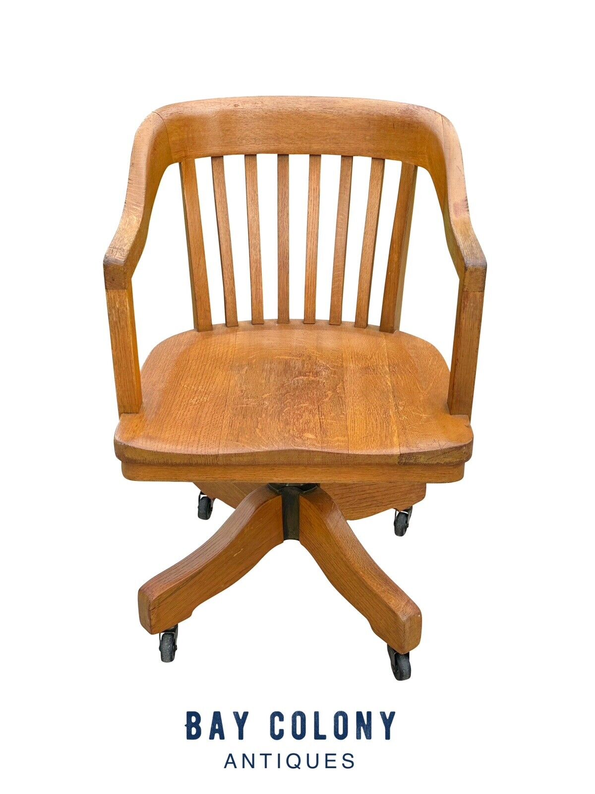 Antique Victorian Oak Bank of England Arm Chair With Curved Seat & Caster Wheels