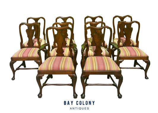 Set of Ten Queen Anne Style Walnut Shell Carved Dining Chairs With Penguin Backs