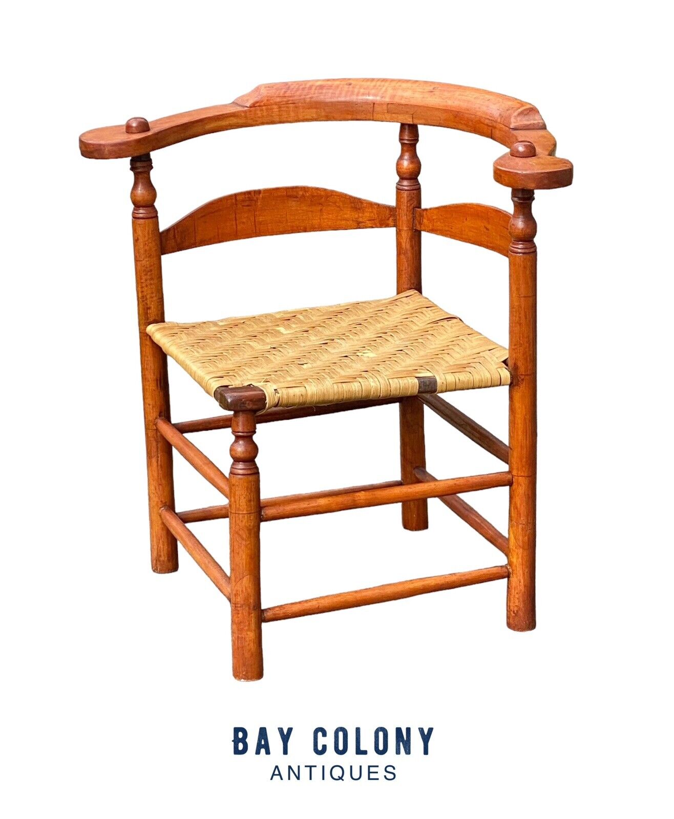 Antique Tiger Maple Corner Chair / Roundabout Chair w Splint Seat