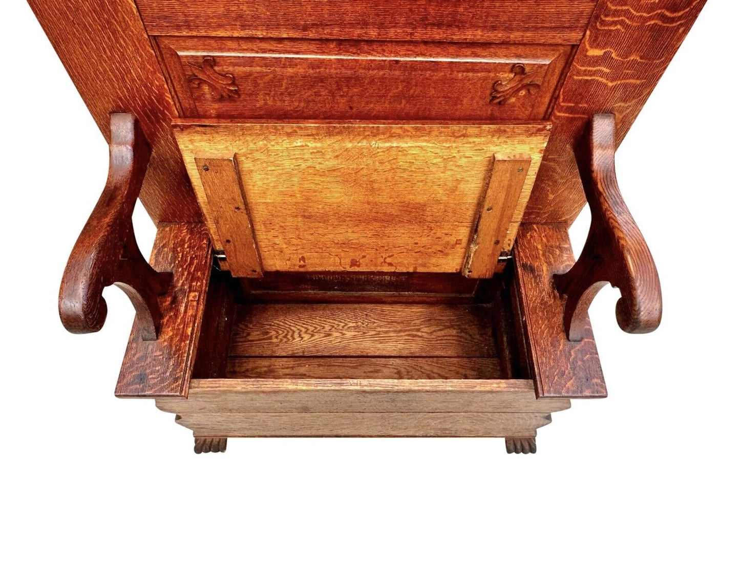 Antique Victorian Tiger Oak Hall Tree With Ribbon Carved Crest & Beveled Mirror