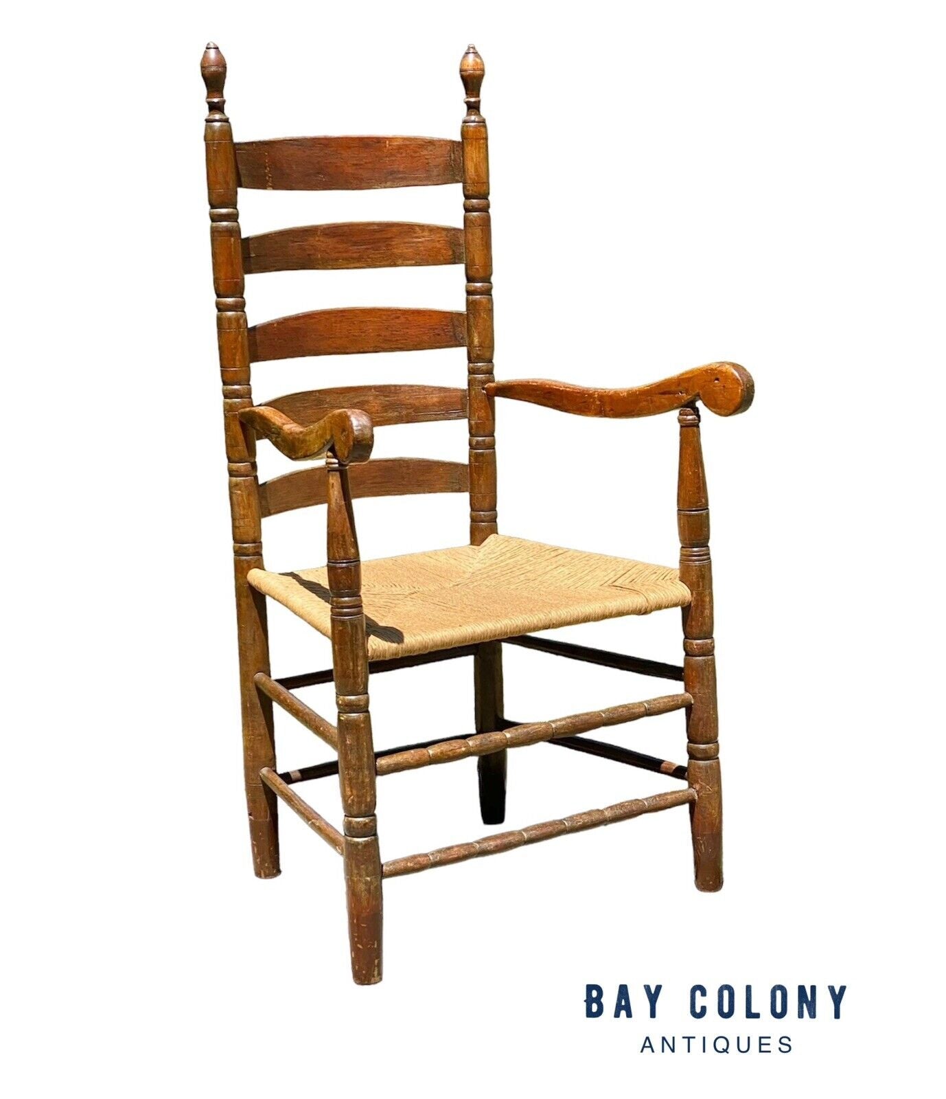 Early Queen Anne Period Walnut & Oak Ladderback Great Chair With Ram's Head Arms