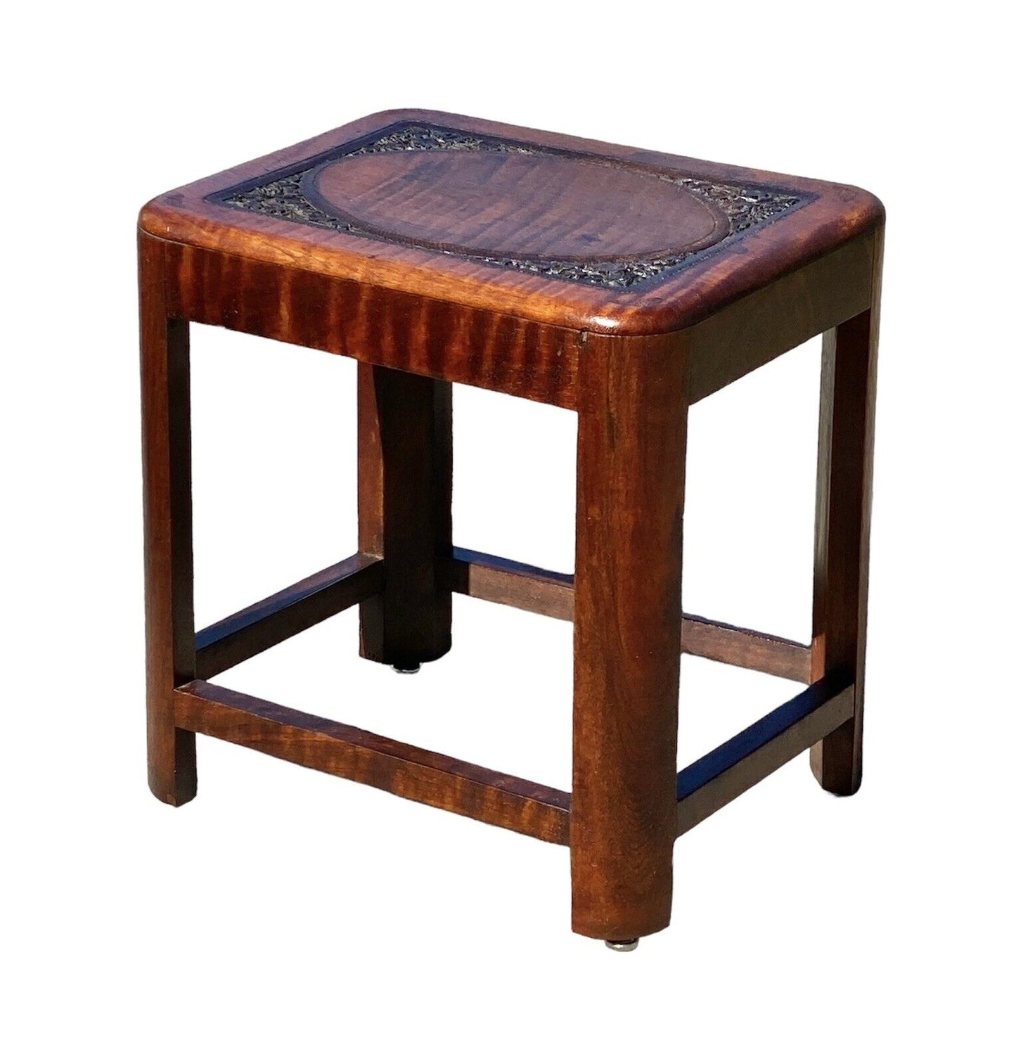 Vintage Fiddleback Mahogany Footstool / Vanity Bench with Flower Carvings