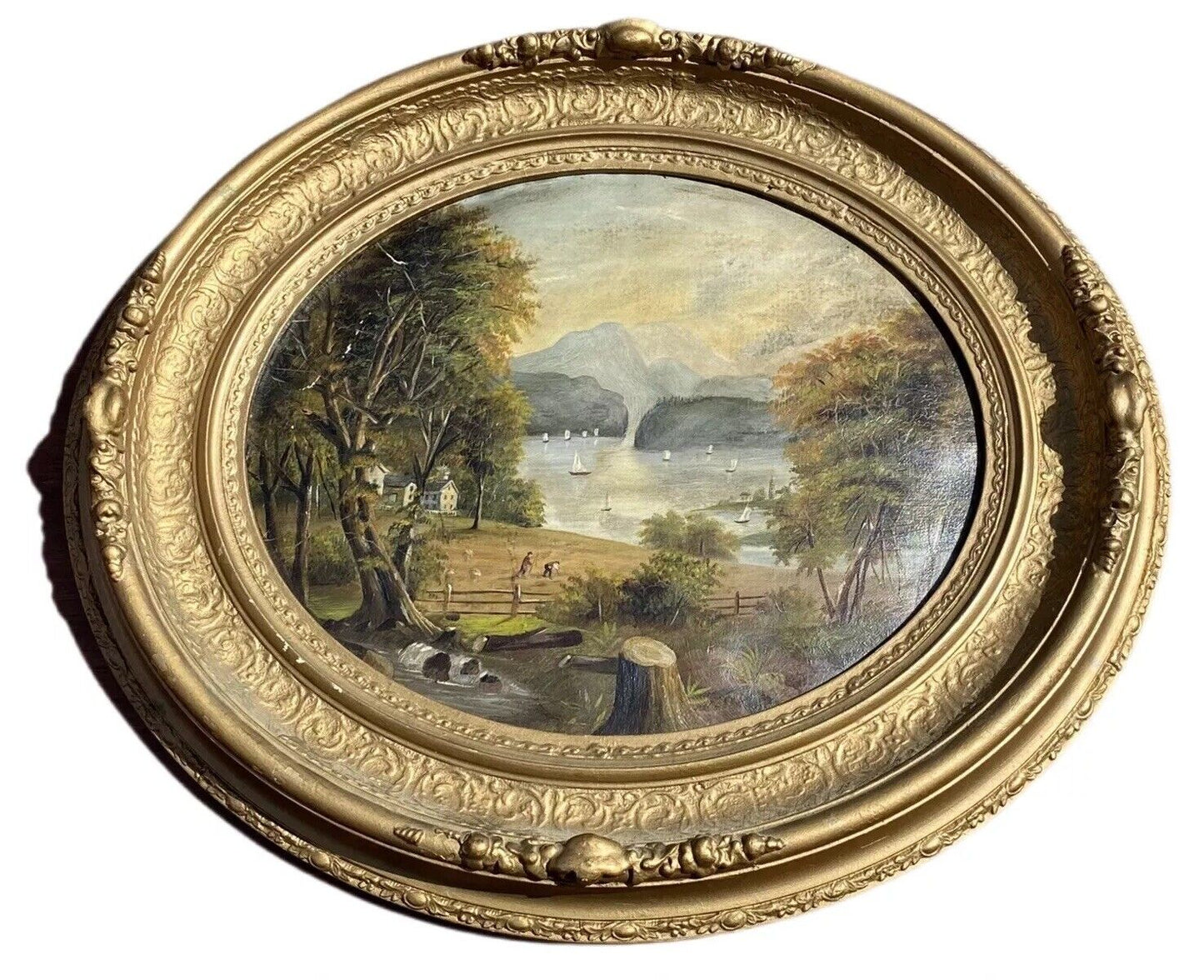 Antique Hudson River School American Landscape Painting In Original Oval Frame