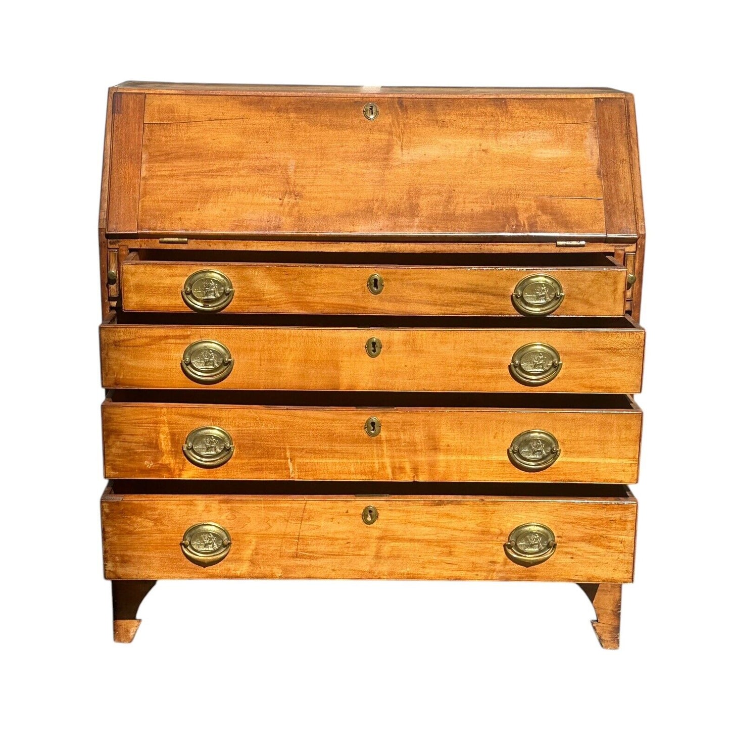 Antique New Hampshire Hepplewhite Fruitwood Slant Lid Desk With Classical Brass