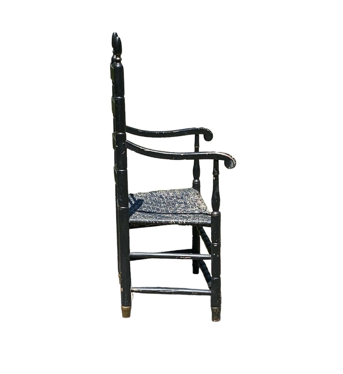 18th Century Antique Queen Anne Ladderback Chair in Black With Ram's Head Arms