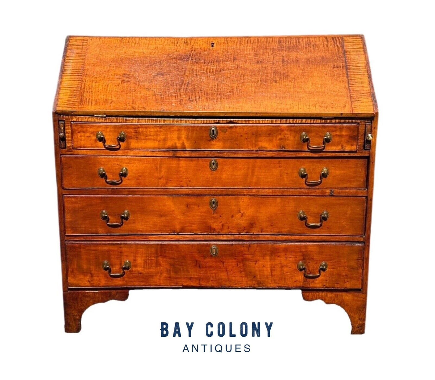 Antique Chippendale New England Tiger Maple & Cherry Slant Lid Desk Circa 1780
