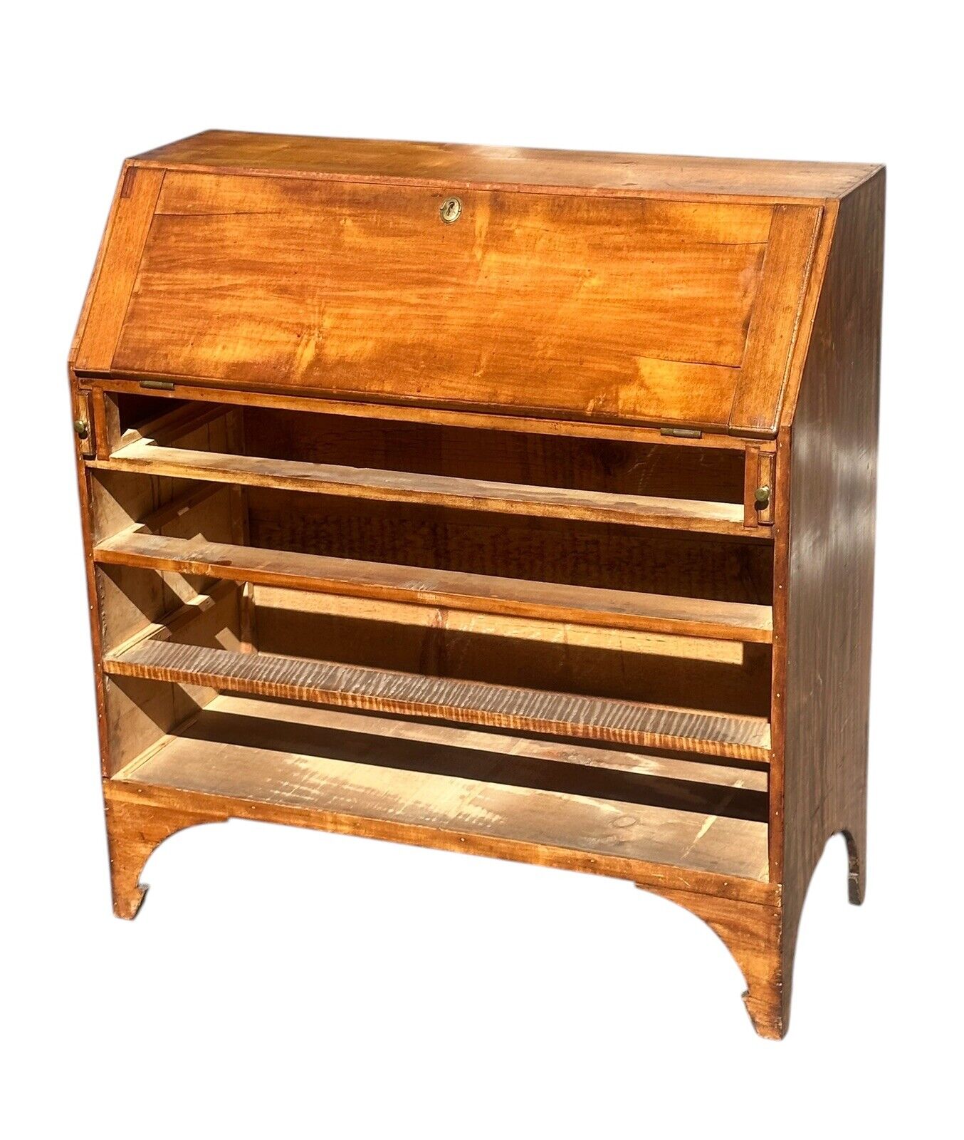 Antique New Hampshire Hepplewhite Fruitwood Slant Lid Desk With Classical Brass
