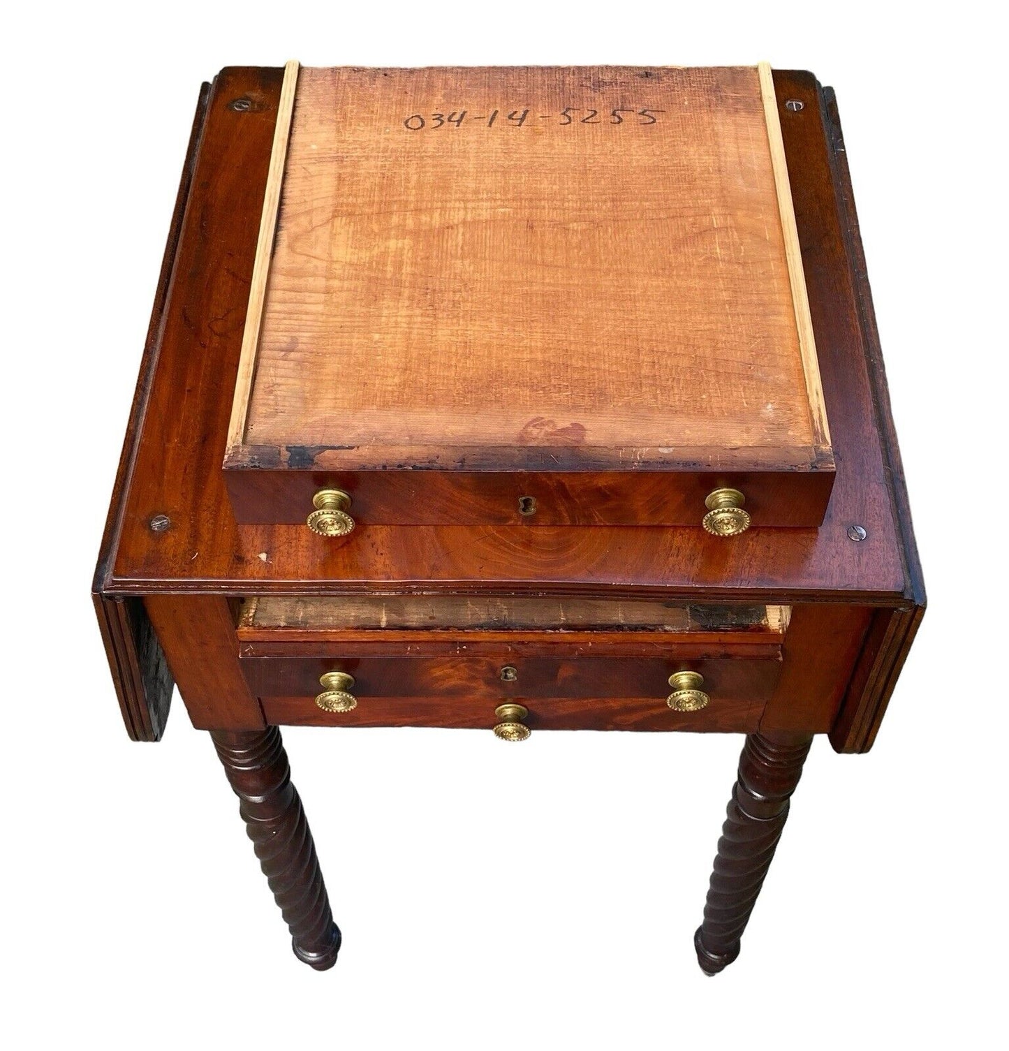 Antique Massachusetts 3 Drawer Dropleaf Worktable With Rope Carved Legs