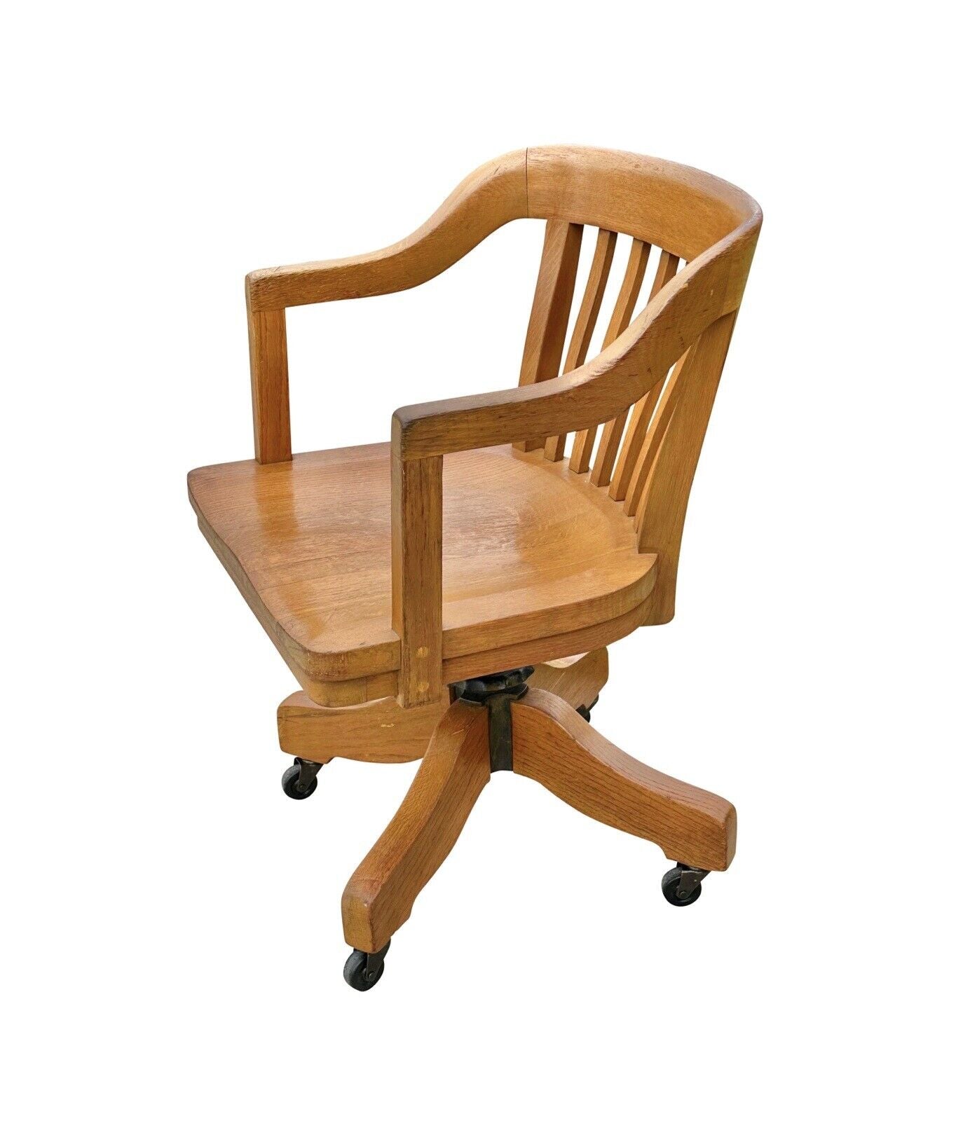 Antique Victorian Oak Bank of England Arm Chair With Curved Seat & Caster Wheels