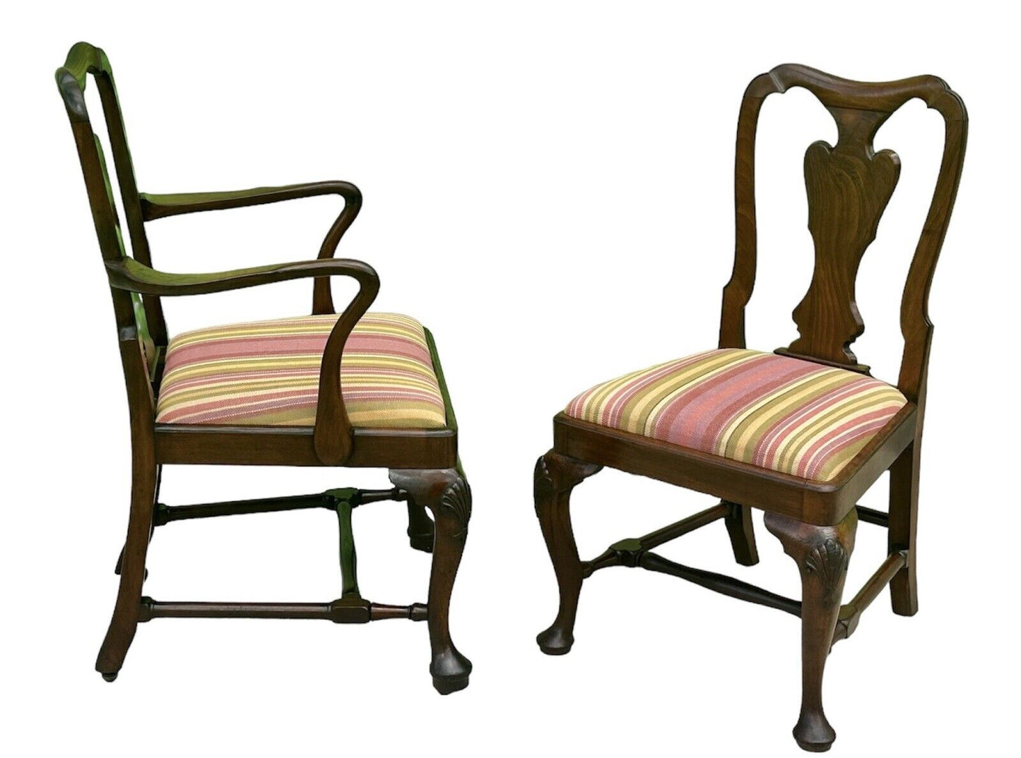 Set of Ten Queen Anne Style Walnut Shell Carved Dining Chairs With Penguin Backs
