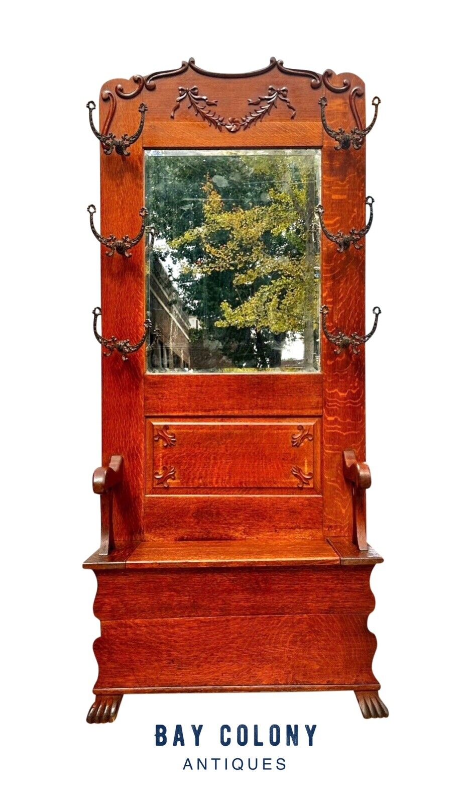 Antique Victorian Tiger Oak Hall Tree With Ribbon Carved Crest & Beveled Mirror