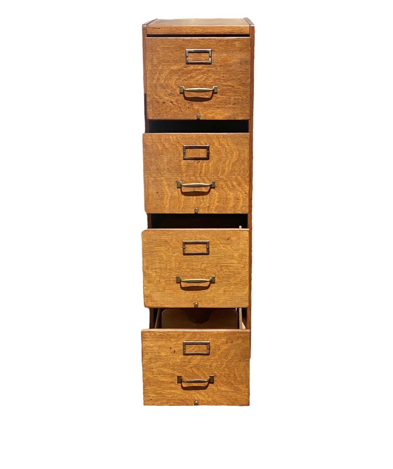Antique Oak 4 Drawer Wood File Cabinet with double paneled sides and original hardware - photo with drawers open