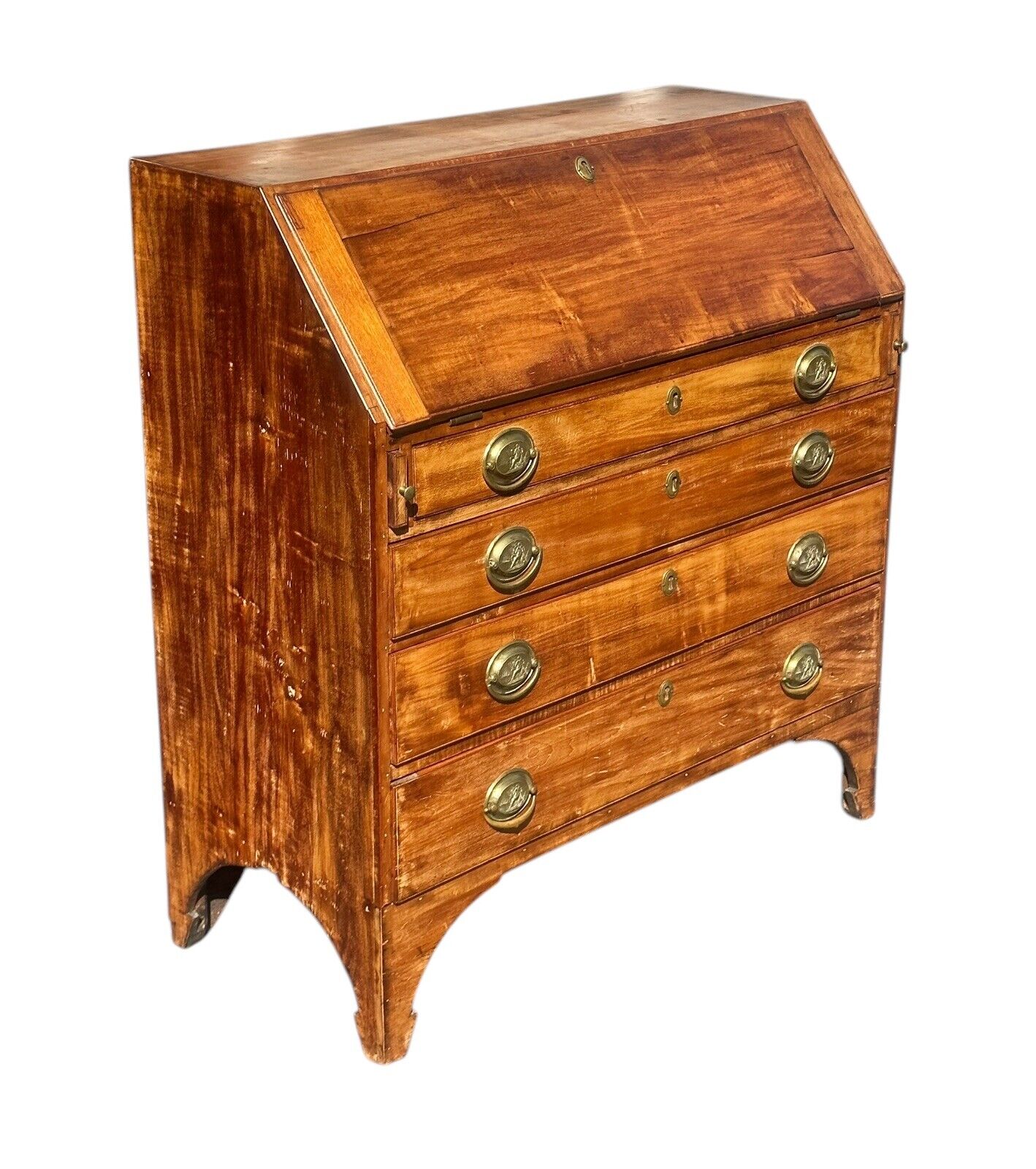 Antique New Hampshire Hepplewhite Fruitwood Slant Lid Desk With Classical Brass