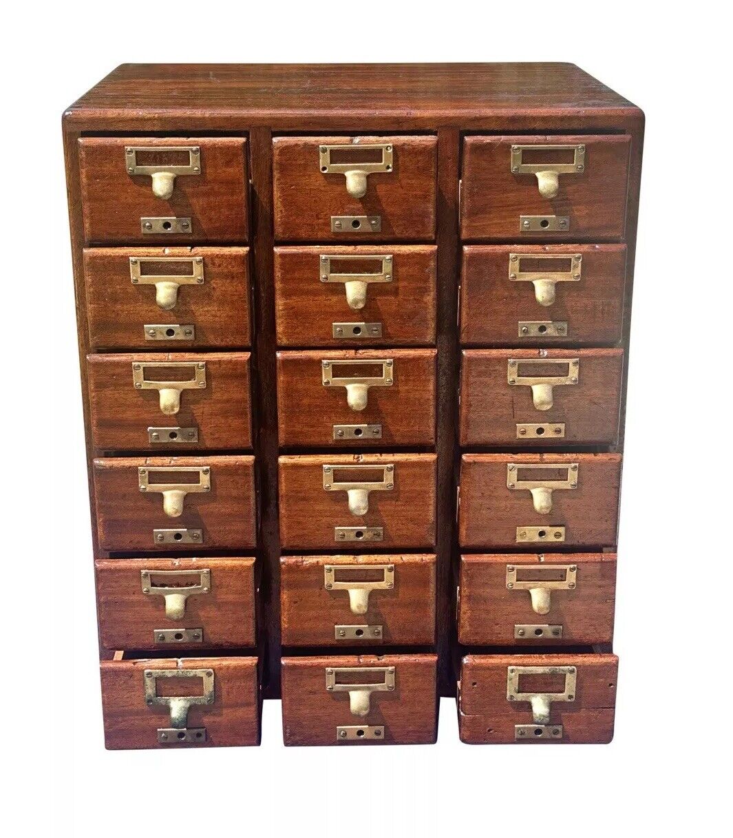 Antique Arts & Crafts Mahogany 18 Drawer Index File Cabinet With Brass Hardware - Bay Colony Antiques Business & Industrial:Office:Office Furniture:Filing Cabinets