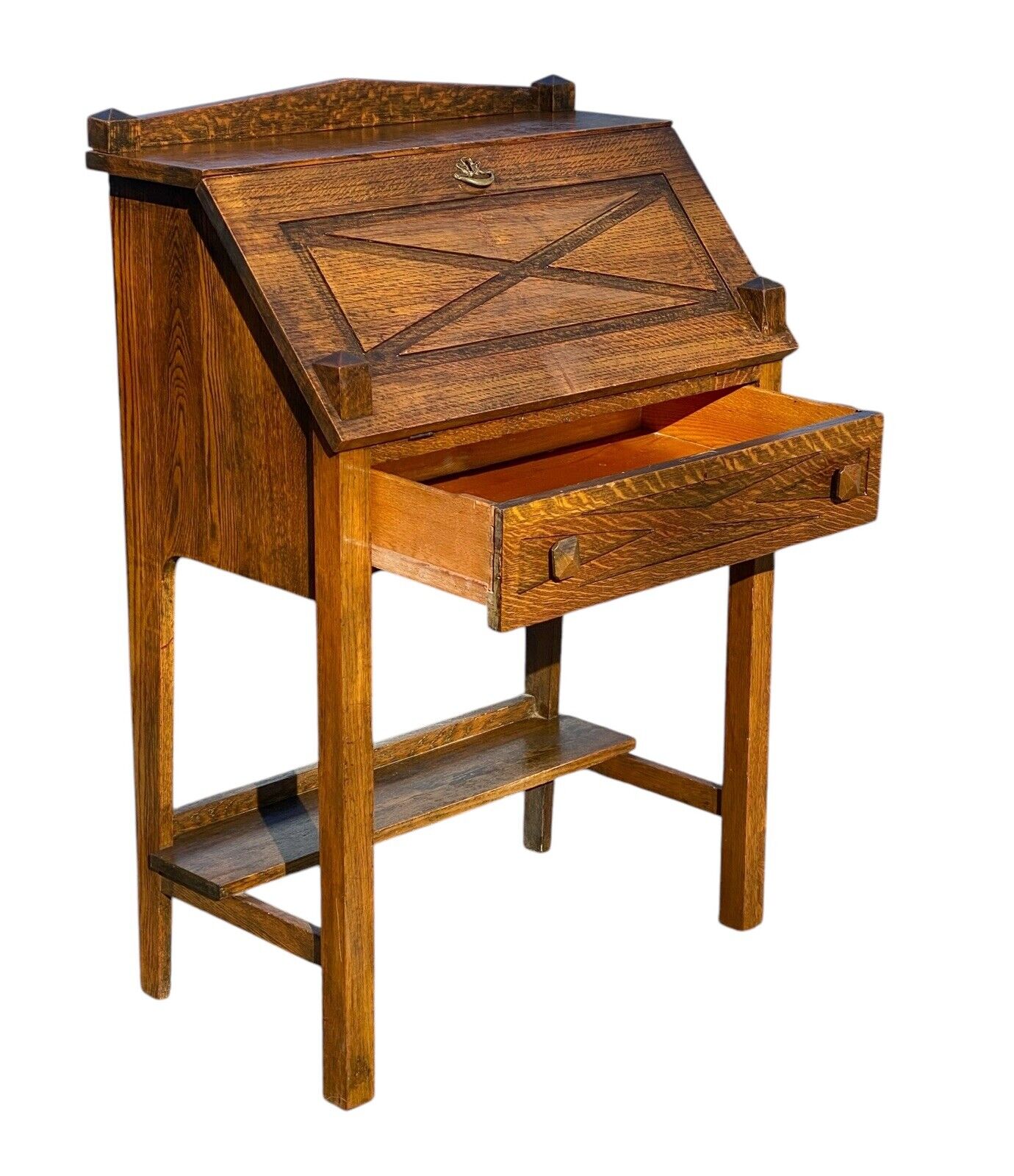 Antique Arts & Crafts Mission Oak Slant Lid Desk or Dry Bar With Twin Obelisks - Bay Colony Antiques Antiques:Furniture:Desks & Secretaries