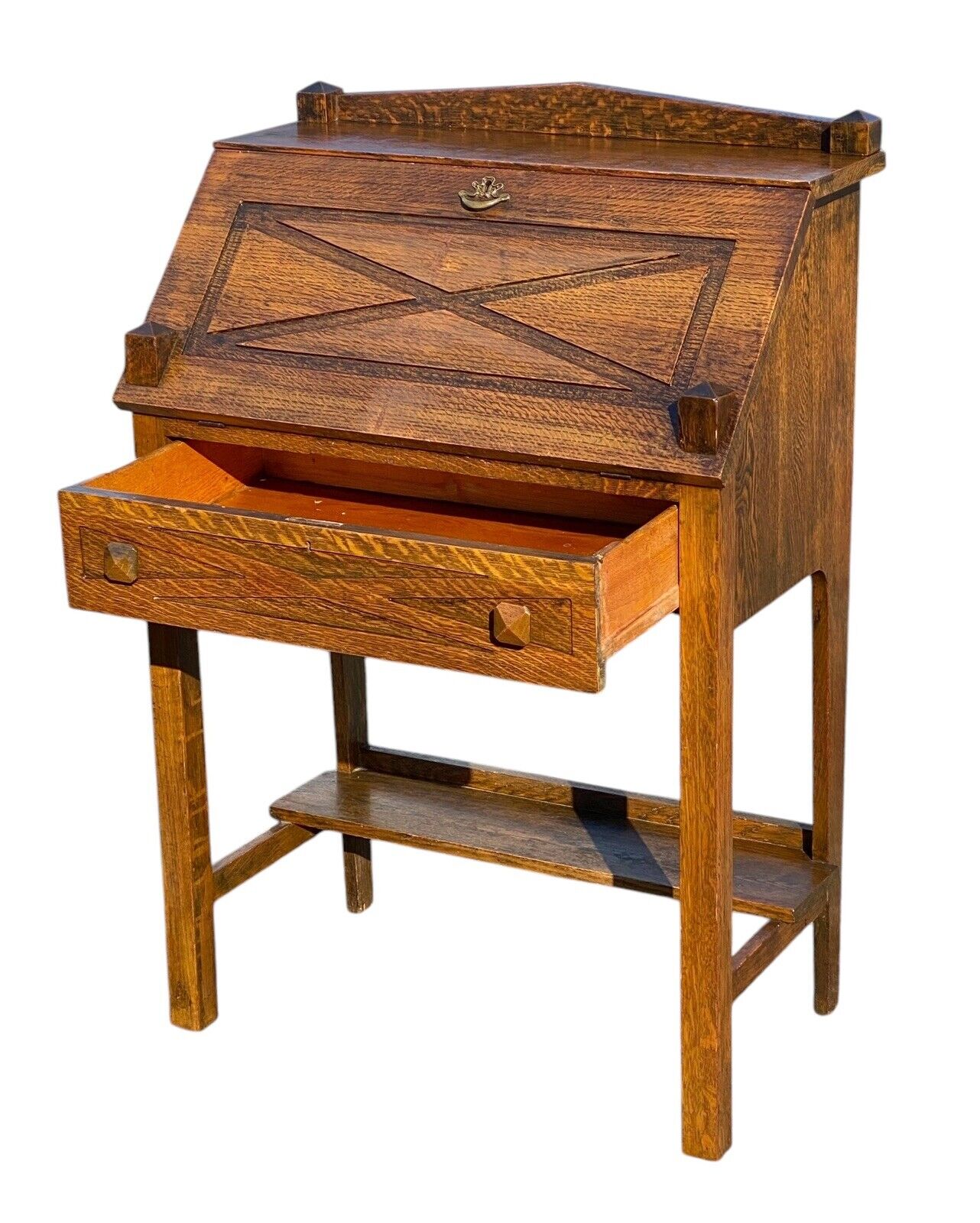 Antique Arts & Crafts Mission Oak Slant Lid Desk or Dry Bar With Twin Obelisks - Bay Colony Antiques Antiques:Furniture:Desks & Secretaries