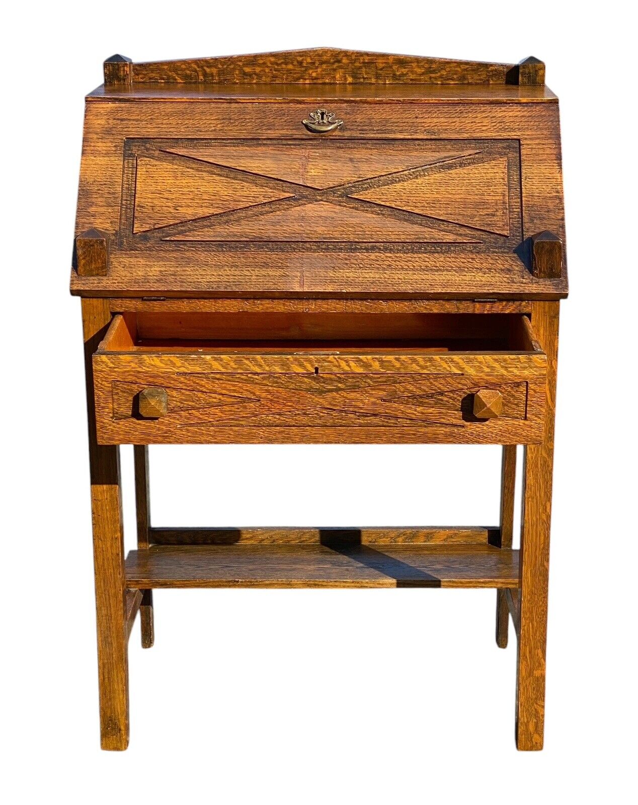 Antique Arts & Crafts Mission Oak Slant Lid Desk or Dry Bar With Twin Obelisks - Bay Colony Antiques Antiques:Furniture:Desks & Secretaries