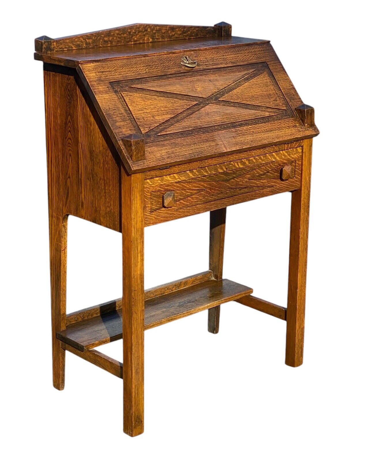Antique Arts & Crafts Mission Oak Slant Lid Desk or Dry Bar With Twin Obelisks - Bay Colony Antiques Antiques:Furniture:Desks & Secretaries