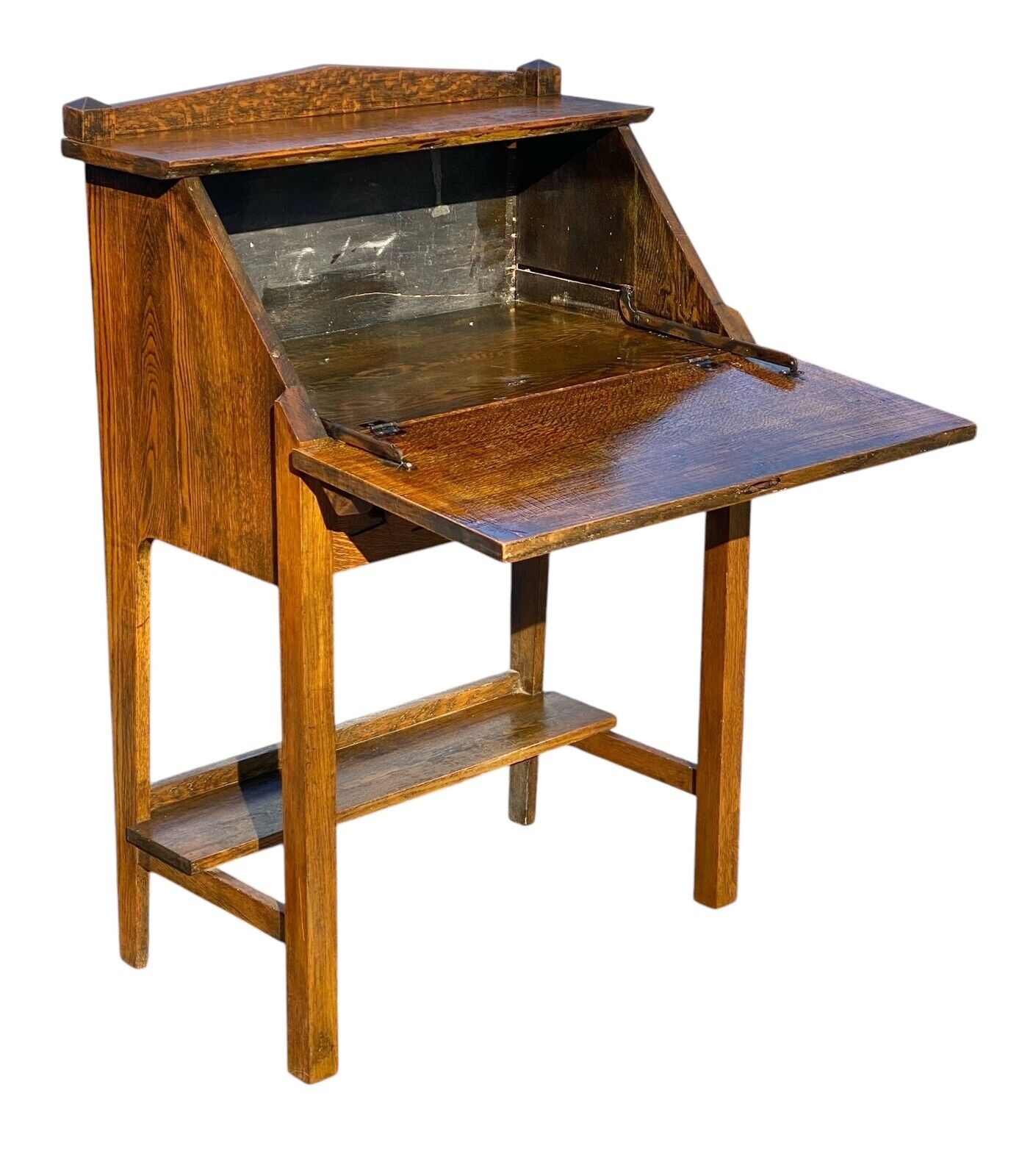 Antique Arts & Crafts Mission Oak Slant Lid Desk or Dry Bar With Twin Obelisks - Bay Colony Antiques Antiques:Furniture:Desks & Secretaries