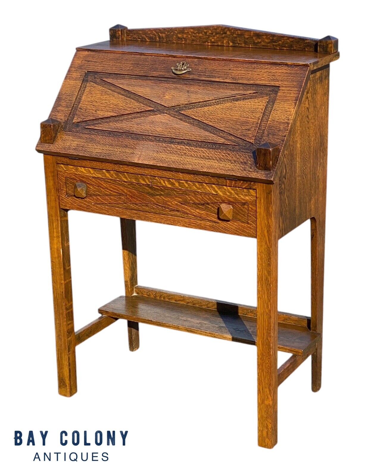 Antique Arts & Crafts Mission Oak Slant Lid Desk or Dry Bar With Twin Obelisks - Bay Colony Antiques Antiques:Furniture:Desks & Secretaries