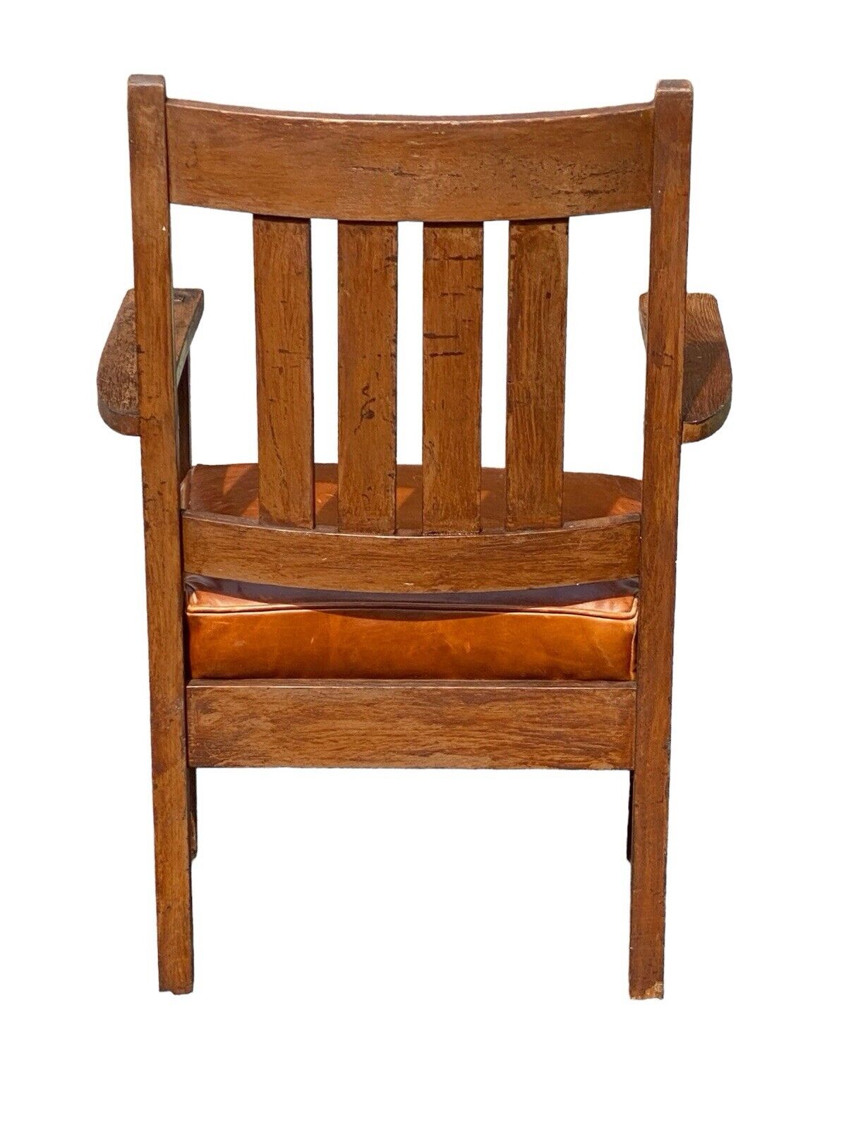 Antique Arts & Crafts Oak Armchair With Orange Leather Seat - Bay Colony Antiques Antiques:Furniture:Chairs