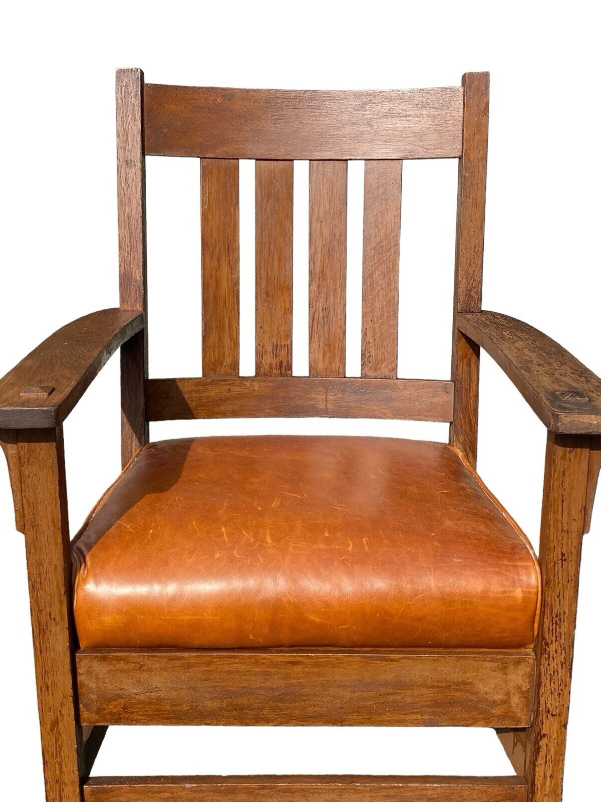 Antique Arts & Crafts Oak Armchair With Orange Leather Seat - Bay Colony Antiques Antiques:Furniture:Chairs