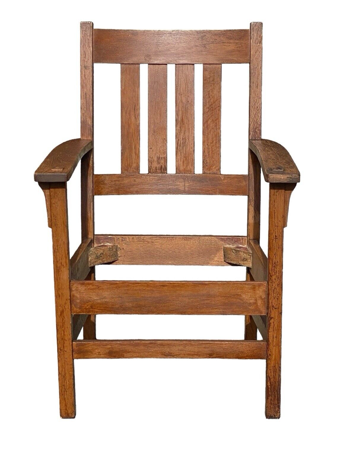 Antique Arts & Crafts Oak Armchair With Orange Leather Seat - Bay Colony Antiques Antiques:Furniture:Chairs