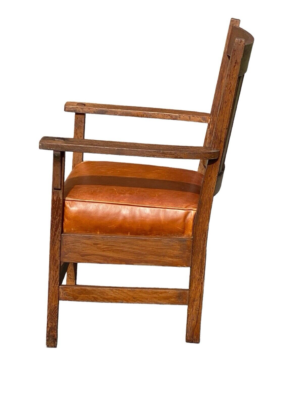 Antique Arts & Crafts Oak Armchair With Orange Leather Seat - Bay Colony Antiques Antiques:Furniture:Chairs