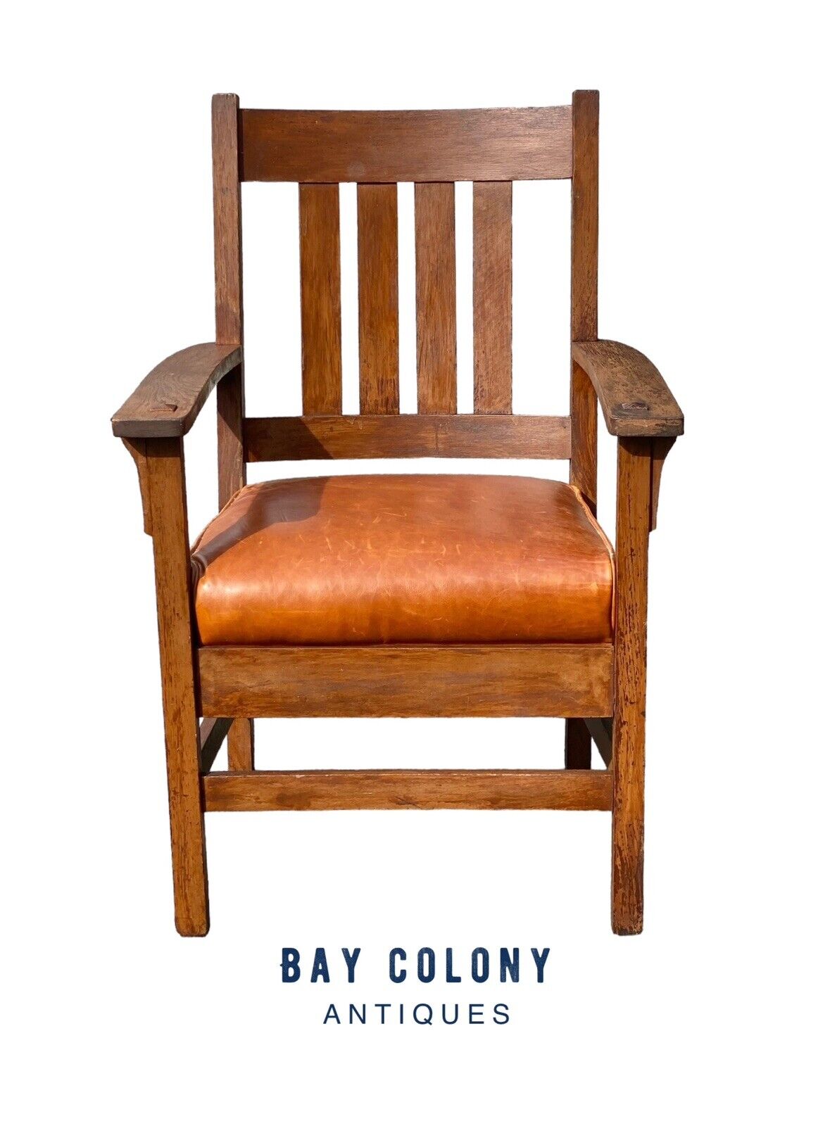 Antique Arts & Crafts Oak Armchair With Orange Leather Seat - Bay Colony Antiques Antiques:Furniture:Chairs