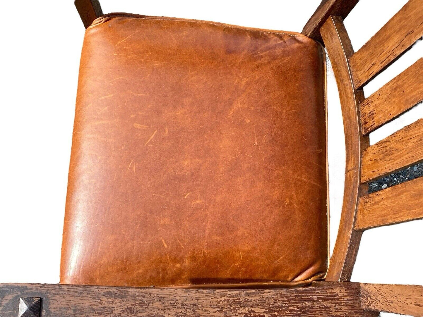 Antique Arts & Crafts Oak Armchair With Orange Leather Seat - Bay Colony Antiques Antiques:Furniture:Chairs