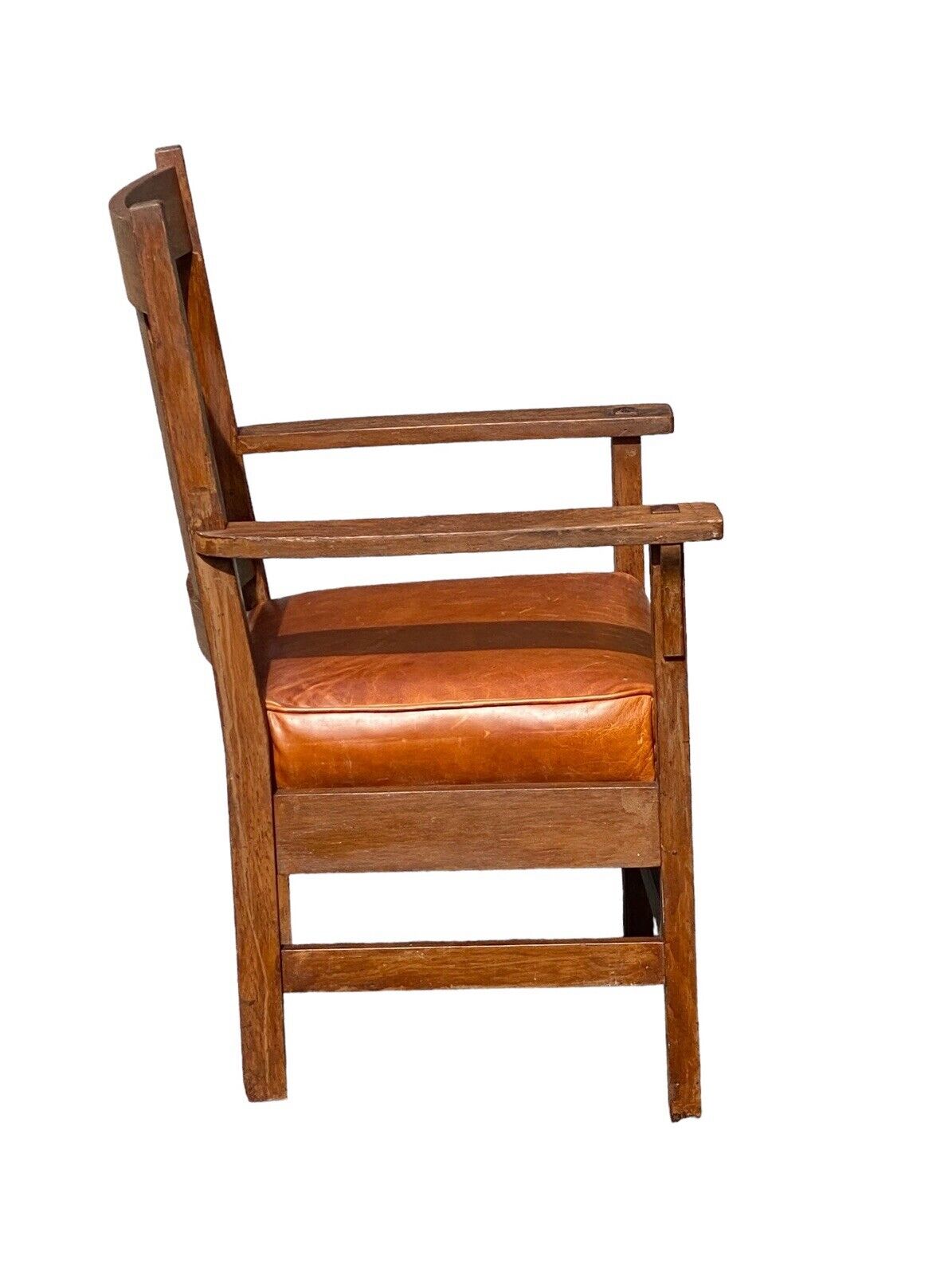 Antique Arts & Crafts Oak Armchair With Orange Leather Seat - Bay Colony Antiques Antiques:Furniture:Chairs