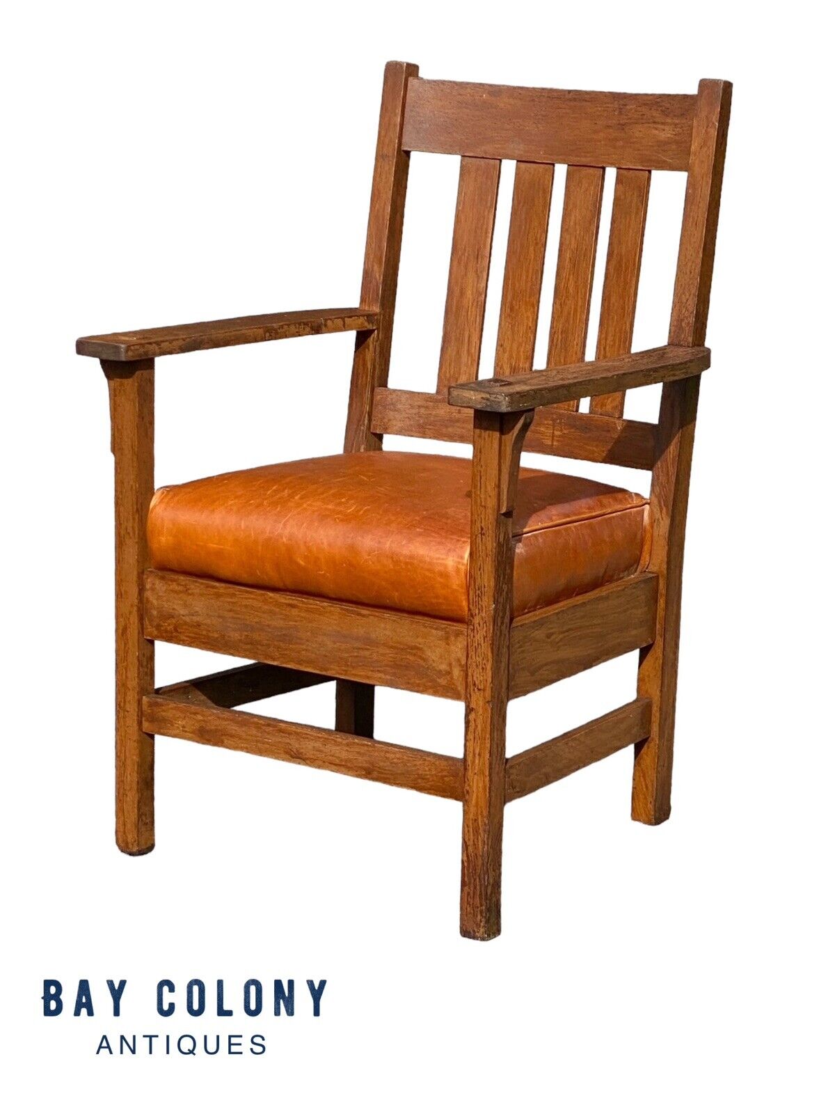 Antique Arts & Crafts Oak Armchair With Orange Leather Seat - Bay Colony Antiques Antiques:Furniture:Chairs