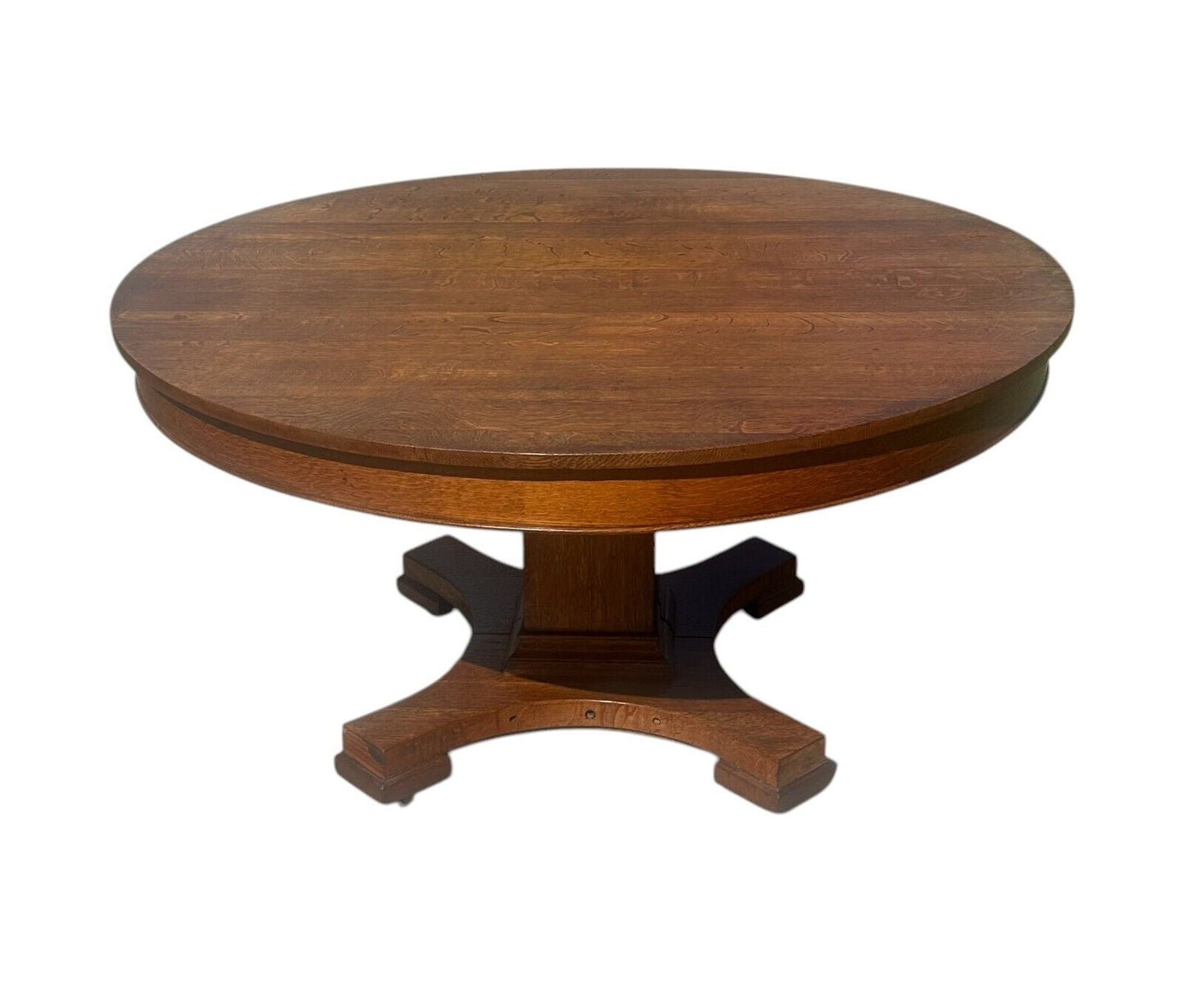 Antique Arts & Crafts Tiger Oak Dining Table on Pedestal Base With 54" Round Top - Bay Colony Antiques Antiques:Furniture:Tables