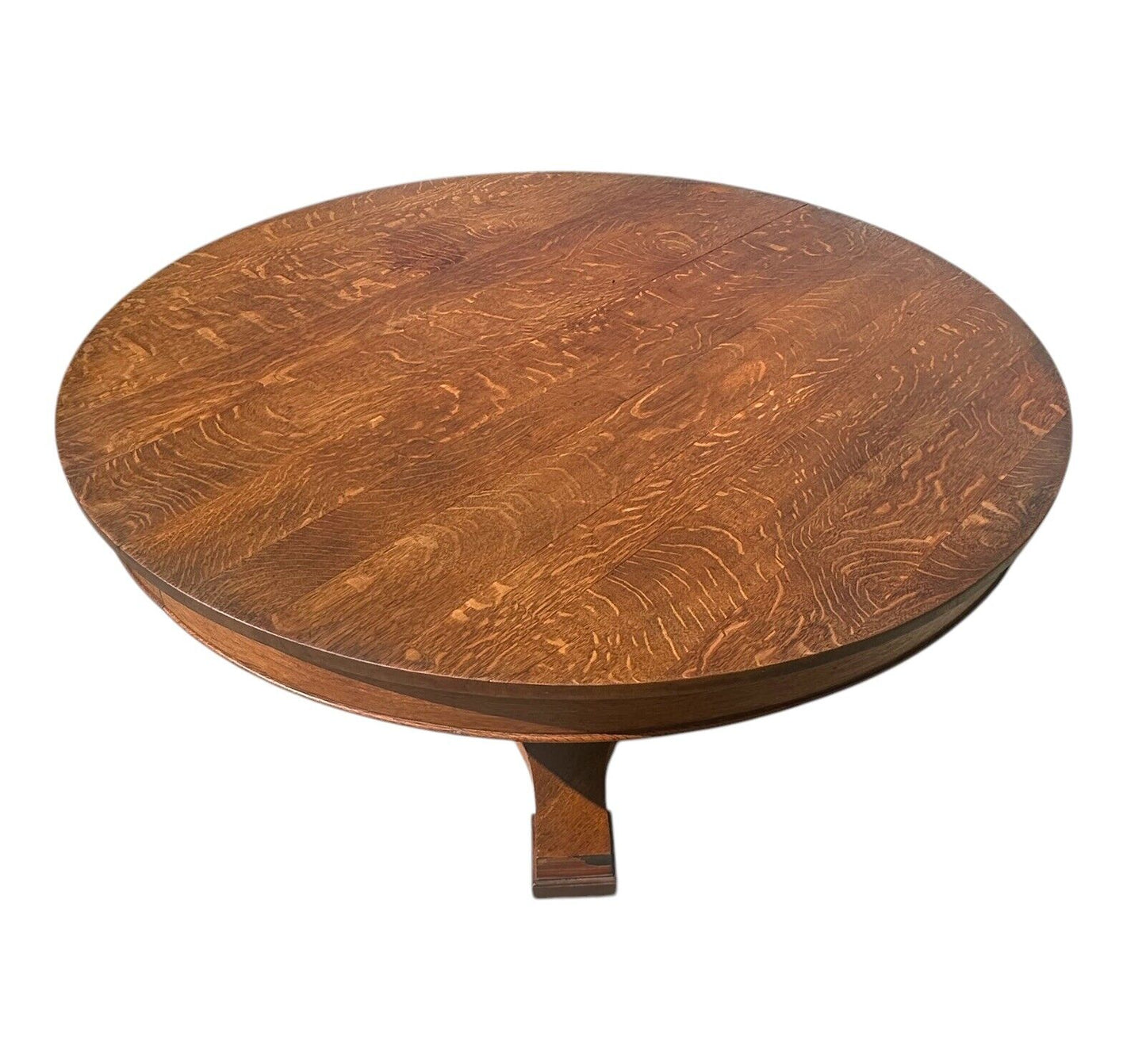 Antique Arts & Crafts Tiger Oak Dining Table on Pedestal Base With 54" Round Top - Bay Colony Antiques Antiques:Furniture:Tables