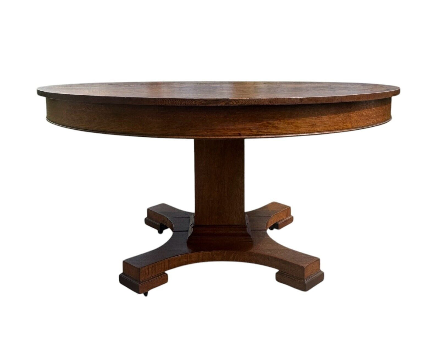 Antique Arts & Crafts Tiger Oak Dining Table on Pedestal Base With 54" Round Top - Bay Colony Antiques Antiques:Furniture:Tables