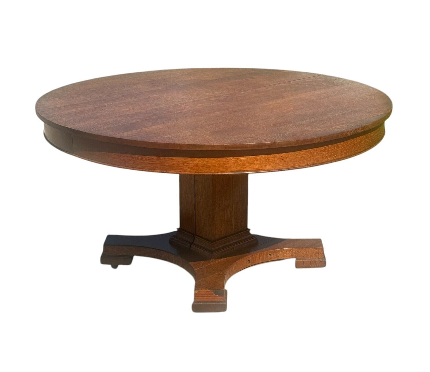 Antique Arts & Crafts Tiger Oak Dining Table on Pedestal Base With 54" Round Top - Bay Colony Antiques Antiques:Furniture:Tables