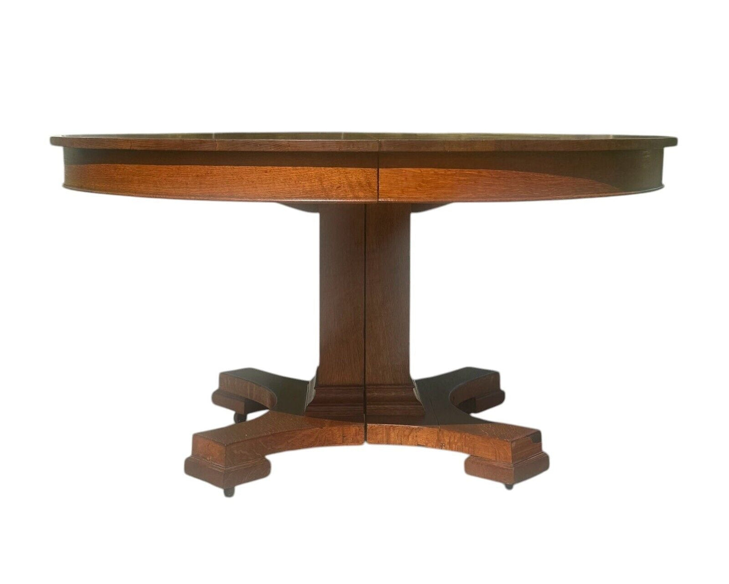 Antique Arts & Crafts Tiger Oak Dining Table on Pedestal Base With 54" Round Top - Bay Colony Antiques Antiques:Furniture:Tables