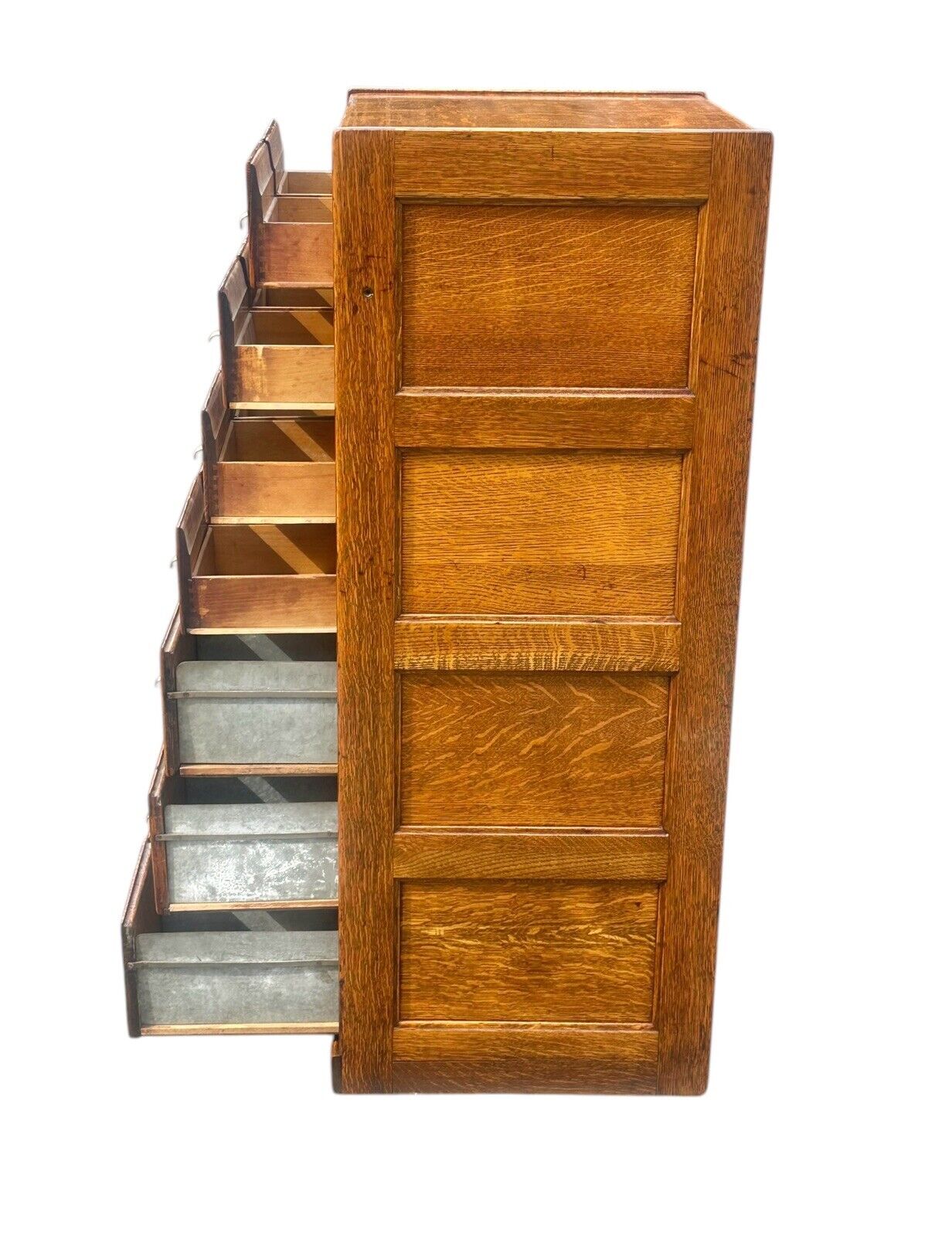 Antique Arts & Crafts Tiger Oak Raised Panel Fourteen Drawer Index File Cabinet - Bay Colony Antiques Antiques:Furniture:Cabinets & Cupboards