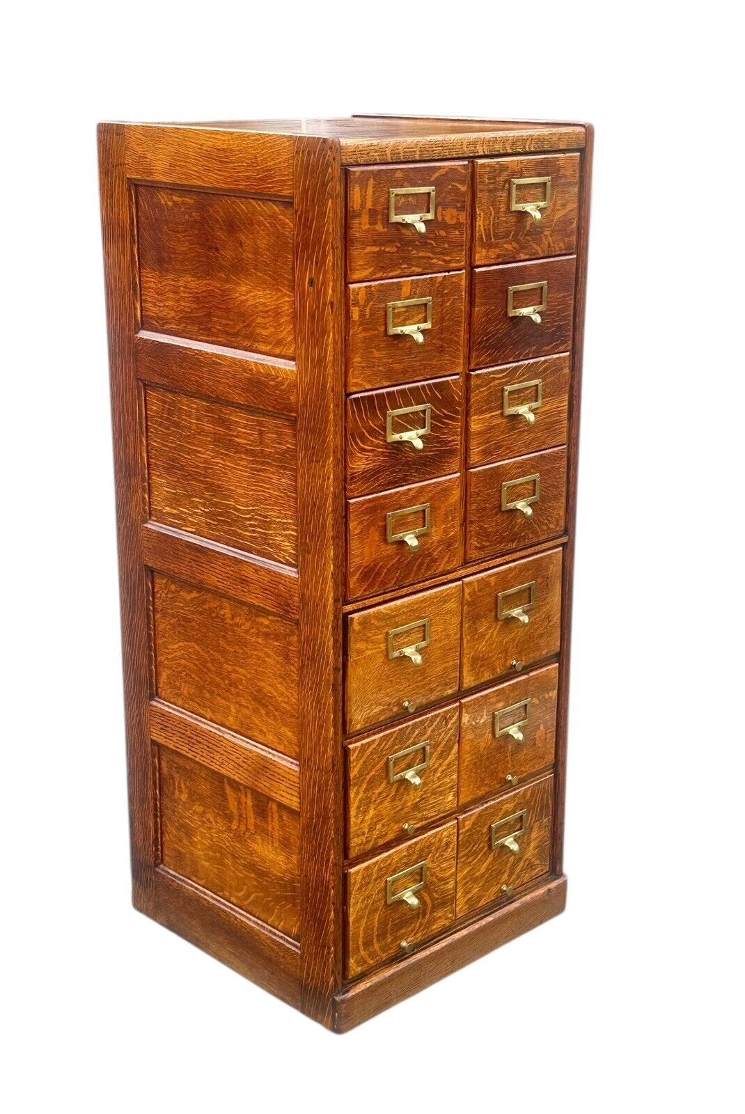Antique Arts & Crafts Tiger Oak Raised Panel Fourteen Drawer Index File Cabinet - Bay Colony Antiques Antiques:Furniture:Cabinets & Cupboards