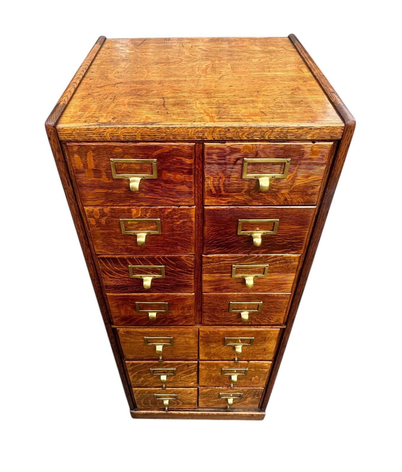 Antique Arts & Crafts Tiger Oak Raised Panel Fourteen Drawer Index File Cabinet - Bay Colony Antiques Antiques:Furniture:Cabinets & Cupboards