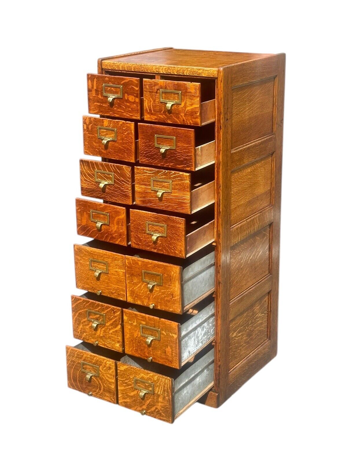 Antique Arts & Crafts Tiger Oak Raised Panel Fourteen Drawer Index File Cabinet - Bay Colony Antiques Antiques:Furniture:Cabinets & Cupboards