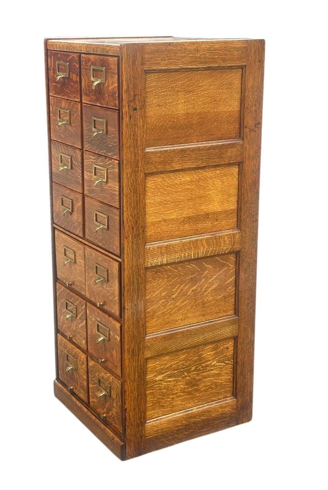 Antique Arts & Crafts Tiger Oak Raised Panel Fourteen Drawer Index File Cabinet - Bay Colony Antiques Antiques:Furniture:Cabinets & Cupboards