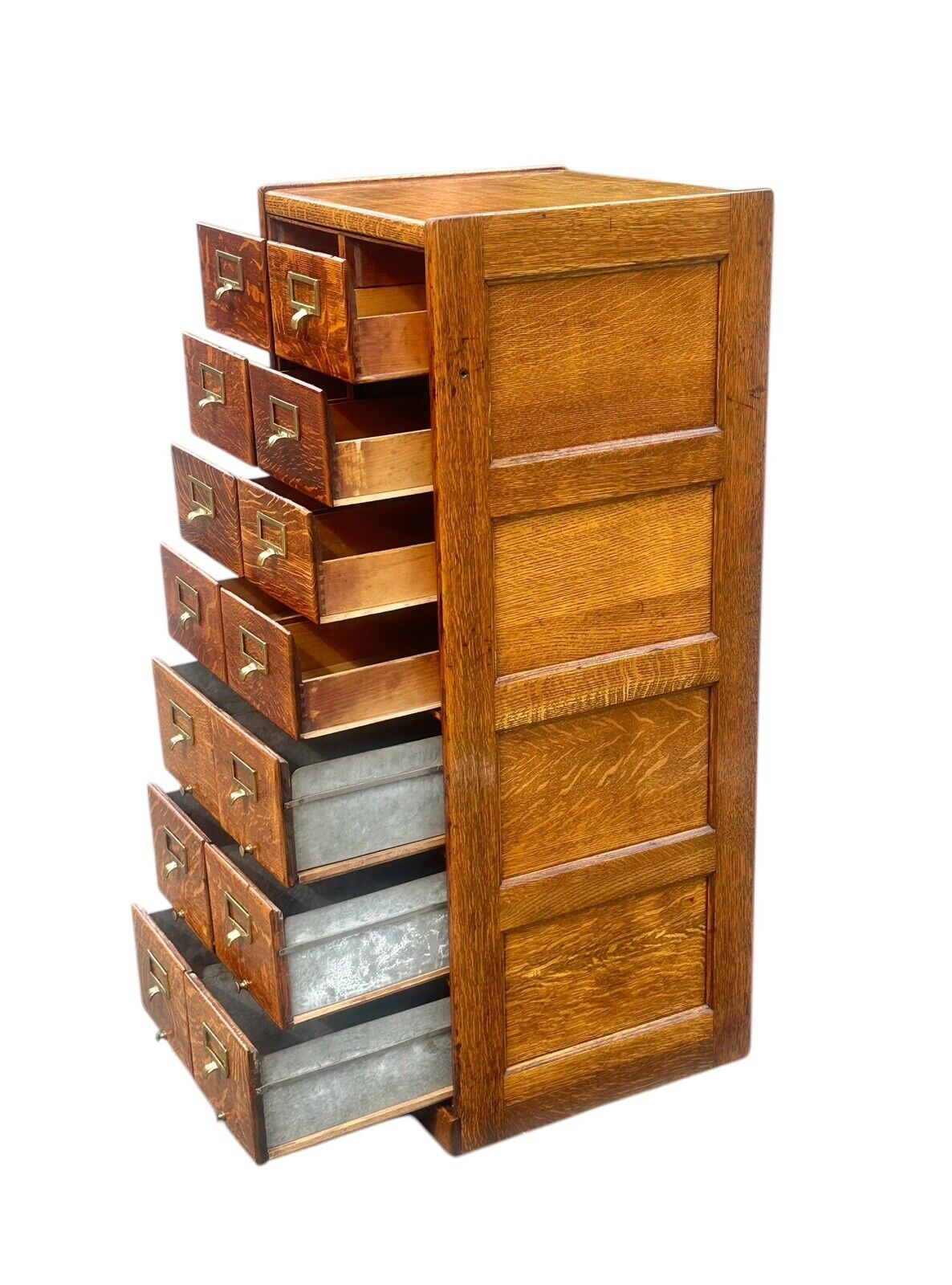 Antique Arts & Crafts Tiger Oak Raised Panel Fourteen Drawer Index File Cabinet - Bay Colony Antiques Antiques:Furniture:Cabinets & Cupboards